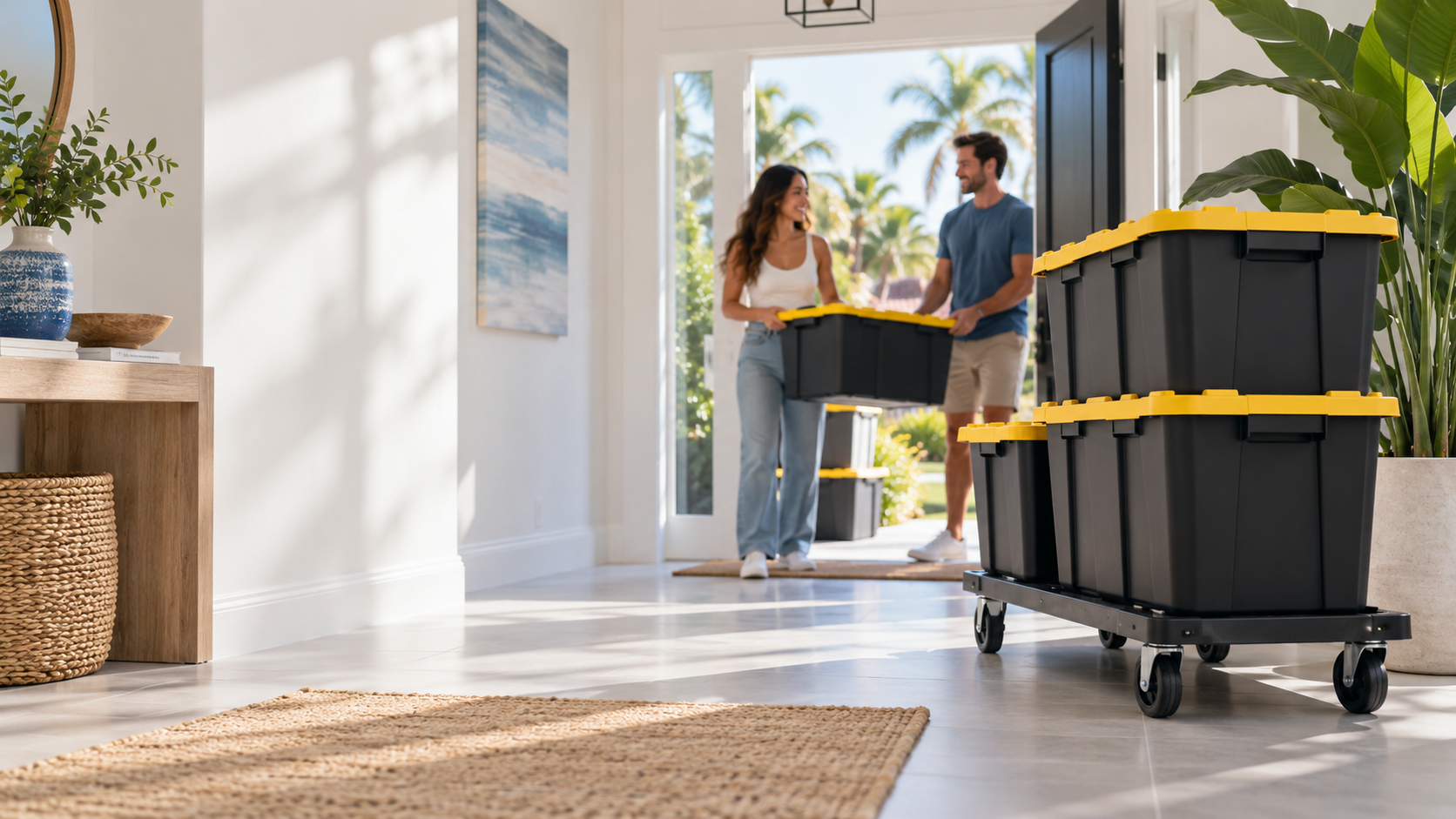 Reusable black moving totes with yellow lids stacked in a bright South Florida home